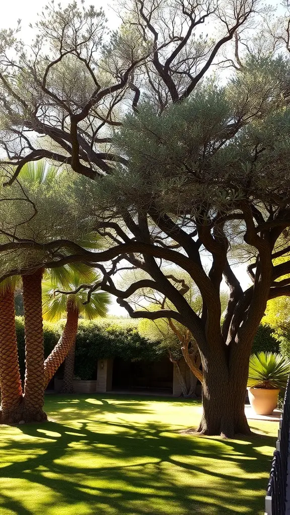 Canopy trees providing shade over a green lawn in Palm Springs