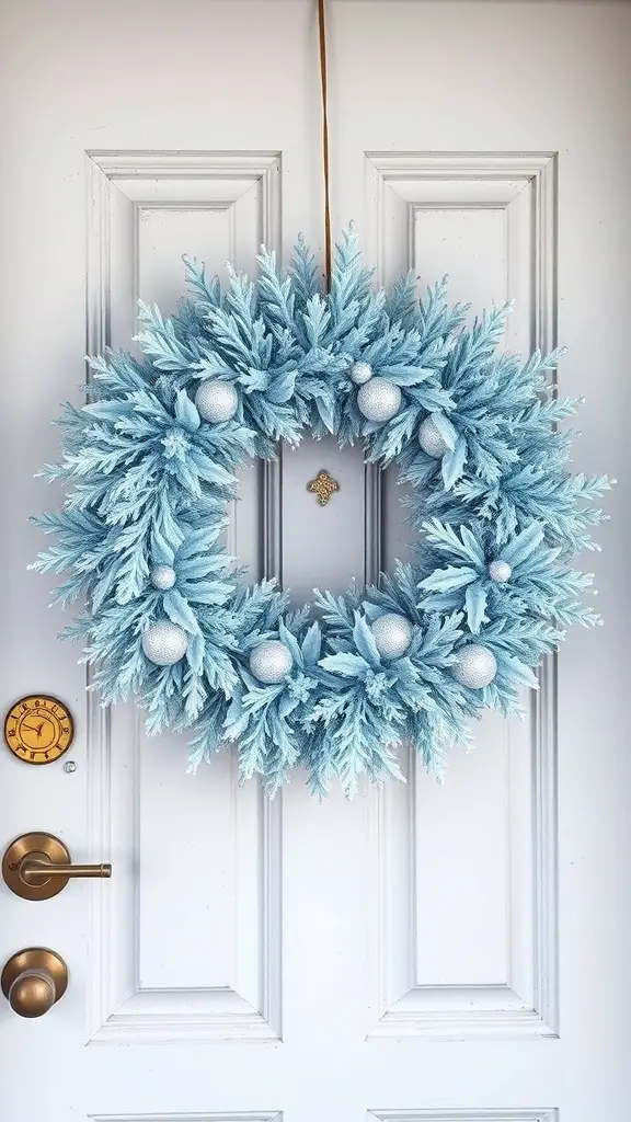 37+ Stunning Blue Christmas Decor Ideas for a Festive Winter Wonderland 7 A frosted blue wreath with silver ornaments hanging on a door.