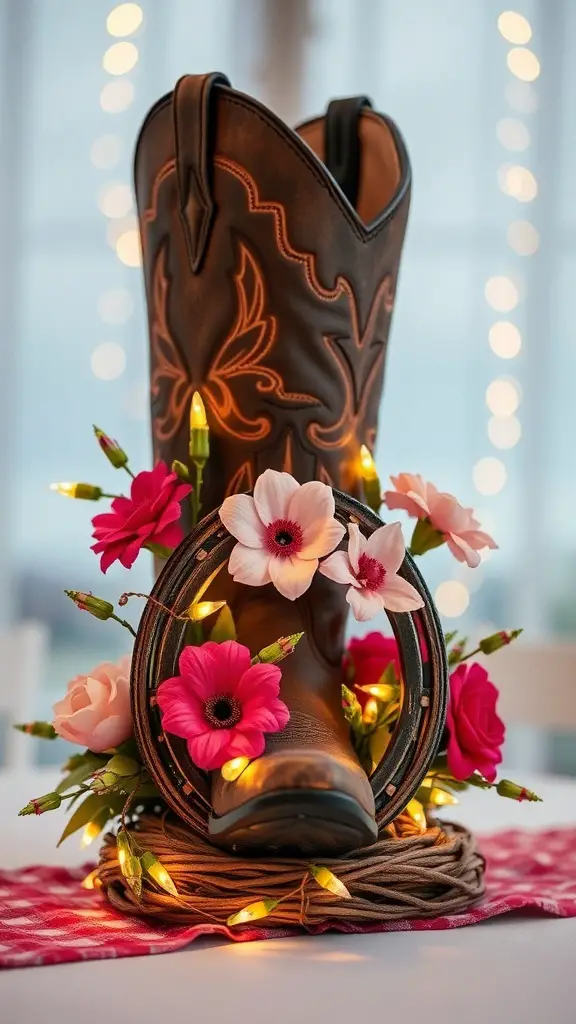 25+ Creative Cowboy Boot Centerpieces for Your Next Event 7 A cowboy boot centerpiece decorated with flowers and a horseshoe
