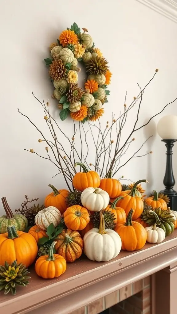 27+ Stunning Fall Mantle Decor Ideas You’ll Love 4 A cozy mantle decorated with a variety of pumpkins and a colorful wreath, showcasing fall harvest decor.