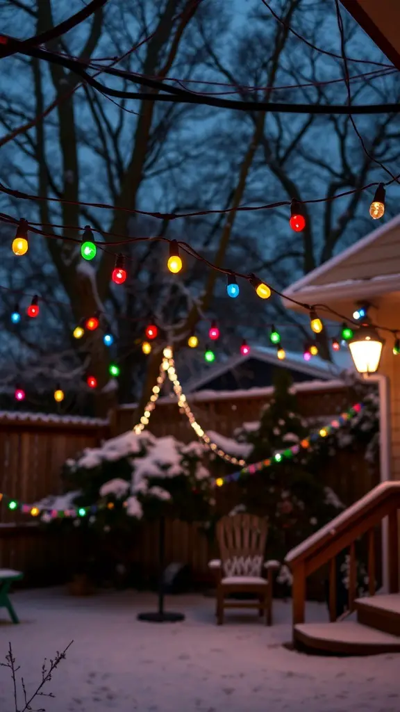 Colorful string lights hanging in a snowy backyard