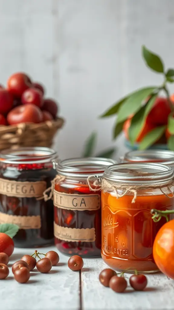 An assortment of homemade jams and preserves in jars, surrounded by fresh fruits.