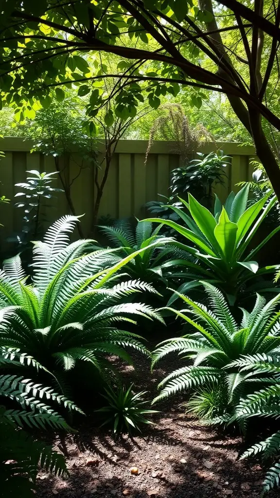 35+ Charming Small English Garden Ideas to Transform Your Outdoor Space 13 A lush shade garden featuring various ferns and hostas, creating a serene green space.