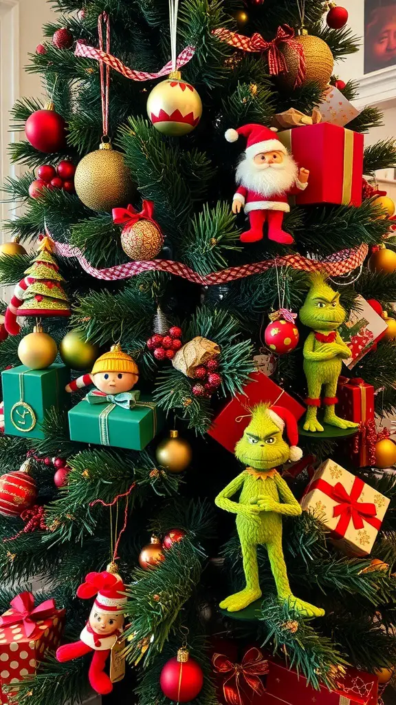 A Christmas tree decorated with Grinch characters, colorful ornaments, and festive gifts.