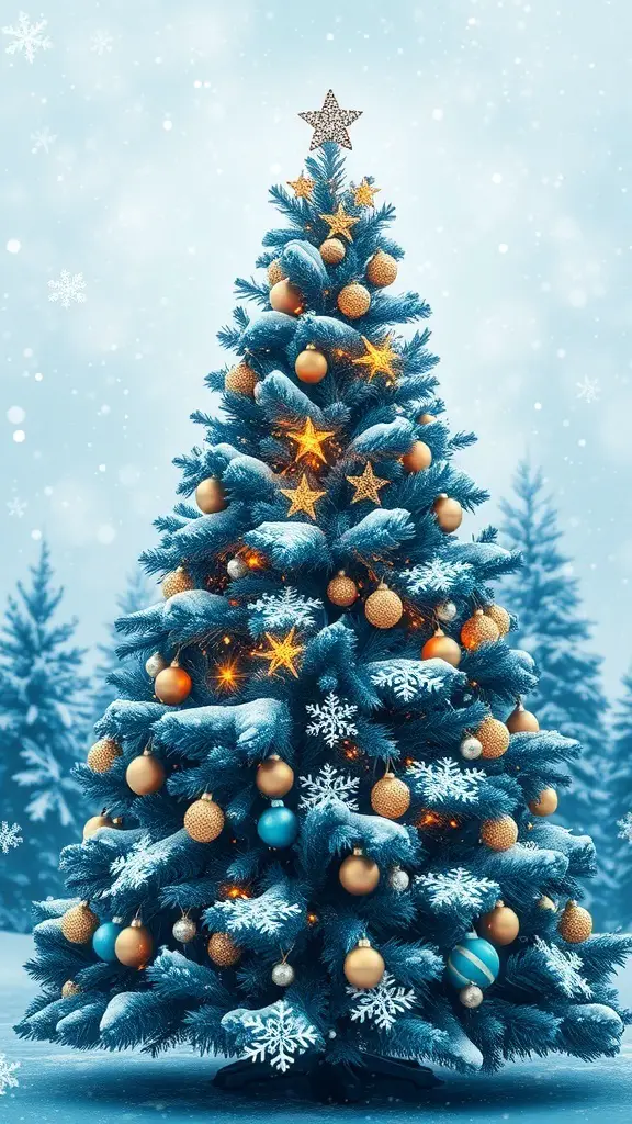 A beautifully decorated blue and gold Christmas tree with snowflakes in the background.