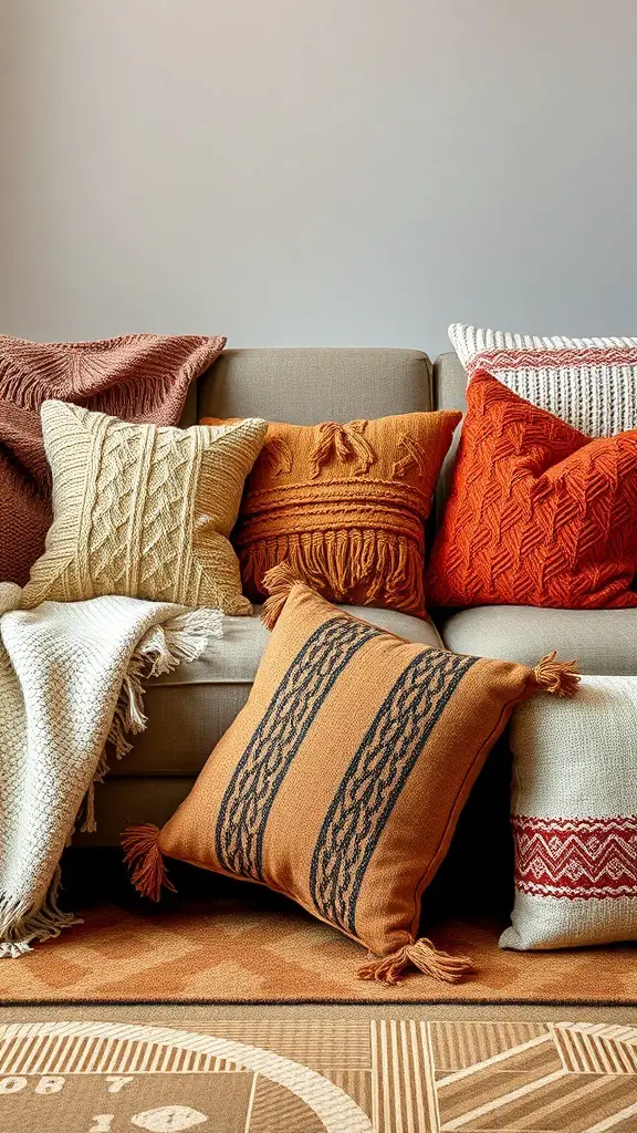 37+ Creative Indoor Fall Decorations You’ll Love 11 A cozy sofa with various textured throw pillows in autumn colors.