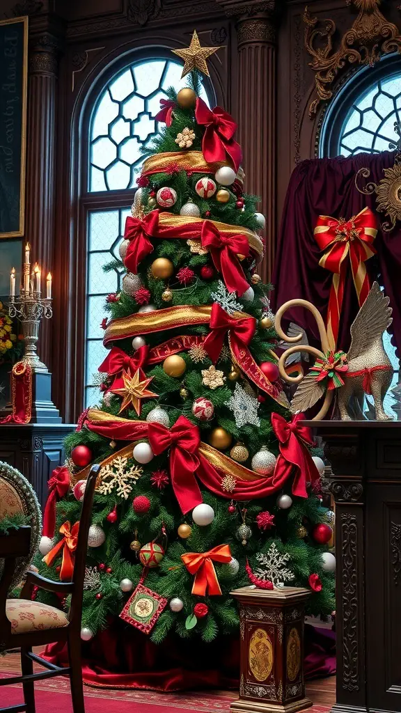 23+ Vintage Christmas Tree Ideas for a Festive Holiday Look 7 A beautifully decorated vintage Christmas tree with red and gold ornaments in a Victorian-style room.