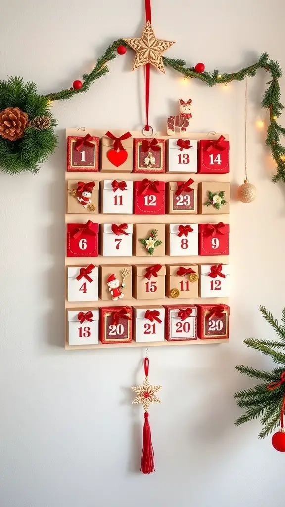 31+ Creative DIY Christmas Decorations You Can Make at Home 7 A DIY Advent calendar with small decorated boxes hanging on a wall, surrounded by festive decorations.