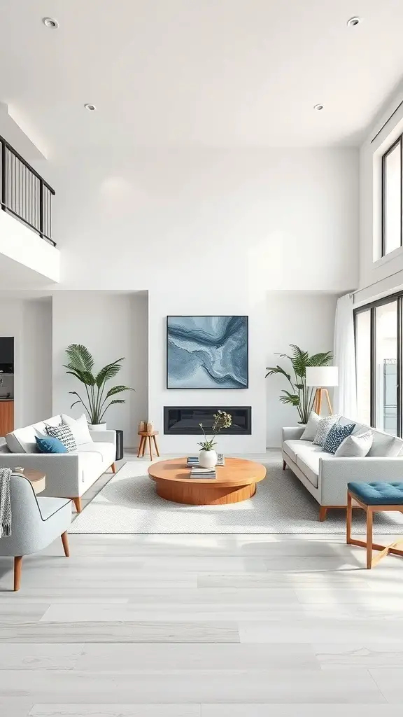 27+ Stunning Ideas for a Neutral and Blue Living Room Decor 21 A spacious living room featuring neutral tones and blue accents, with large windows and plants.