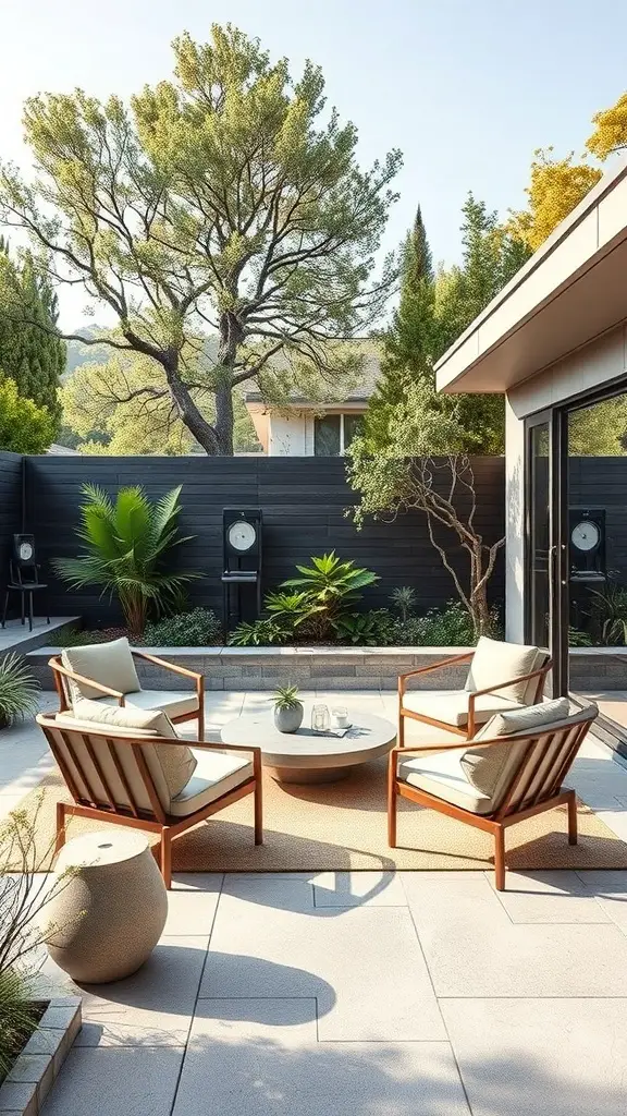 31+ Inspiring Mid Century Decor Ideas for a Stylish Home 13 A mid-century style outdoor patio with wooden chairs, a round table, and lush greenery.
