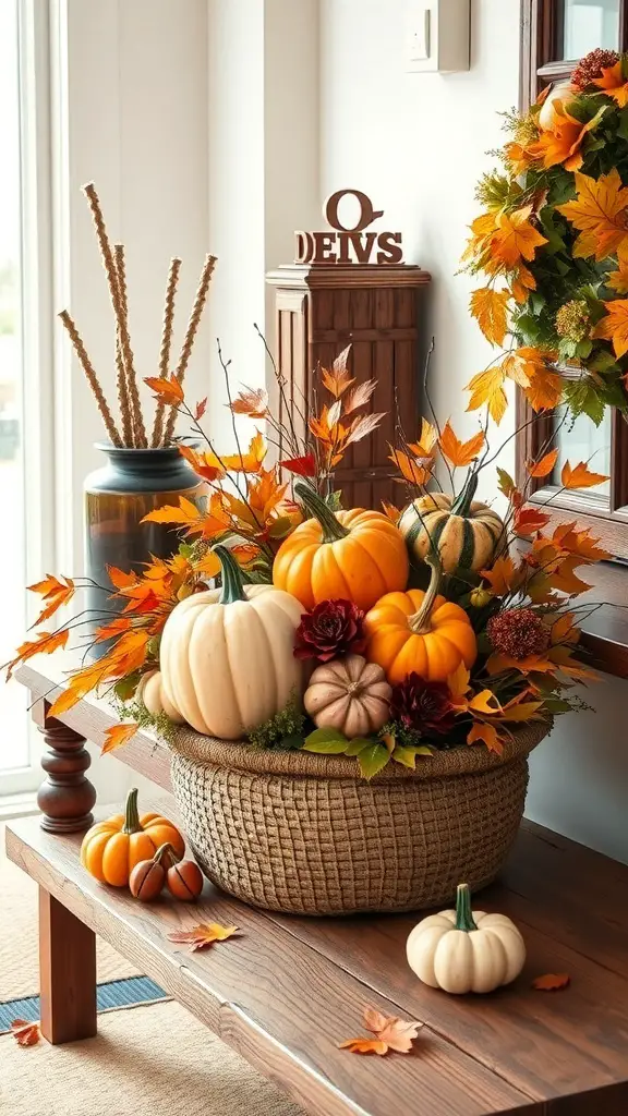 27+ Fall Entry Table Decor Ideas with 9 A warm autumnal centerpiece featuring a basket of pumpkins and autumn leaves on a wooden table.