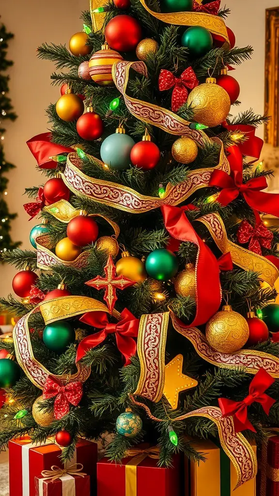 27+ Stunning Christmas Tree Décor Ideas You’ll Love 2 A colorful Christmas tree decorated with bright ornaments, ribbons, and bows, surrounded by wrapped gifts.