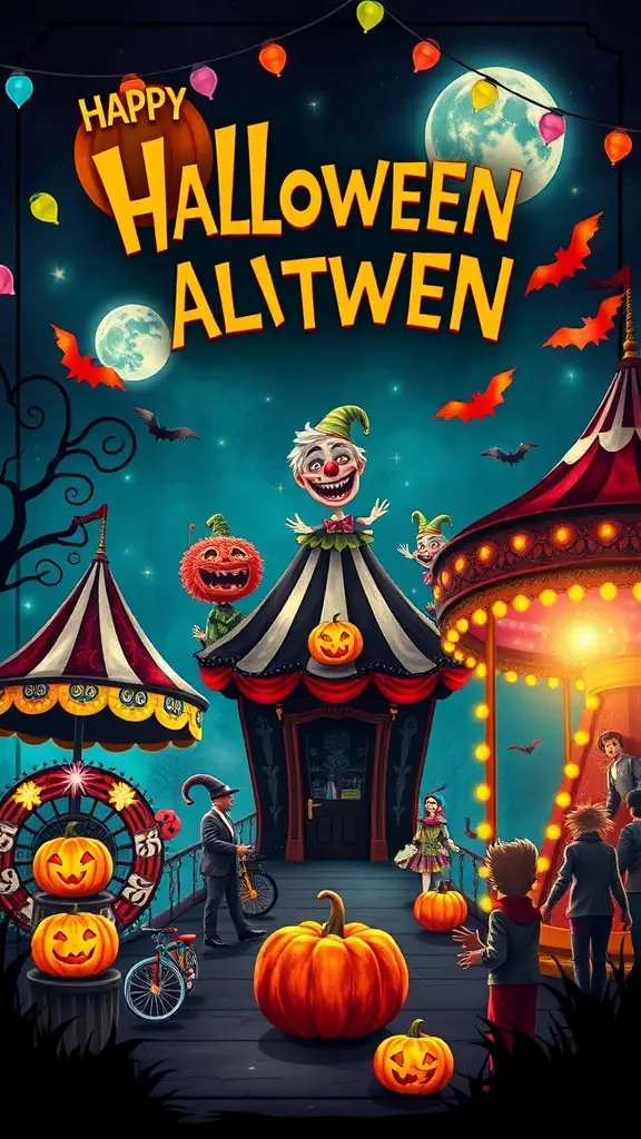 A spooky carnival scene with a child and clowns, featuring pumpkins and lanterns.