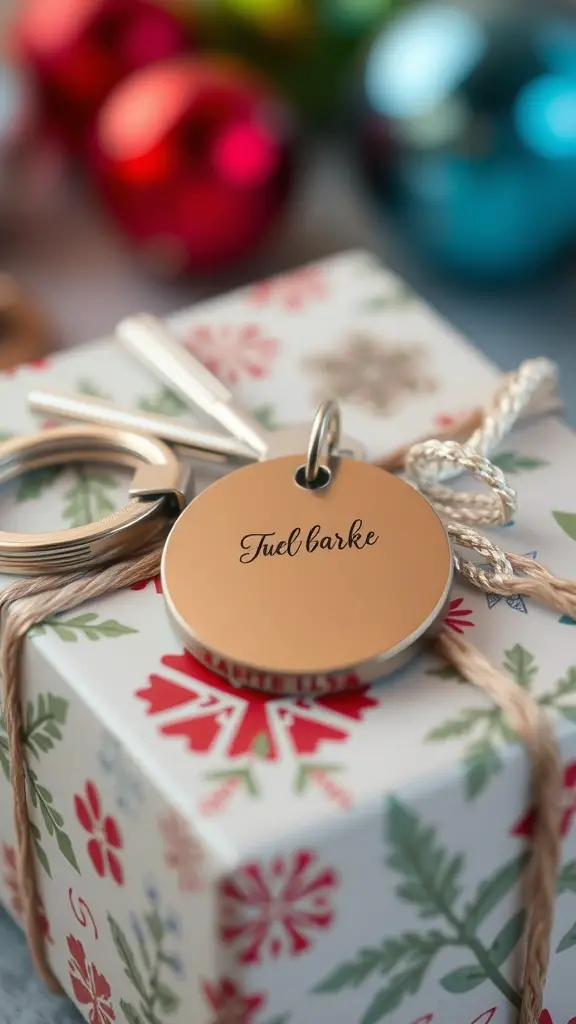 Personalized engraved keychain attached to a wrapped gift