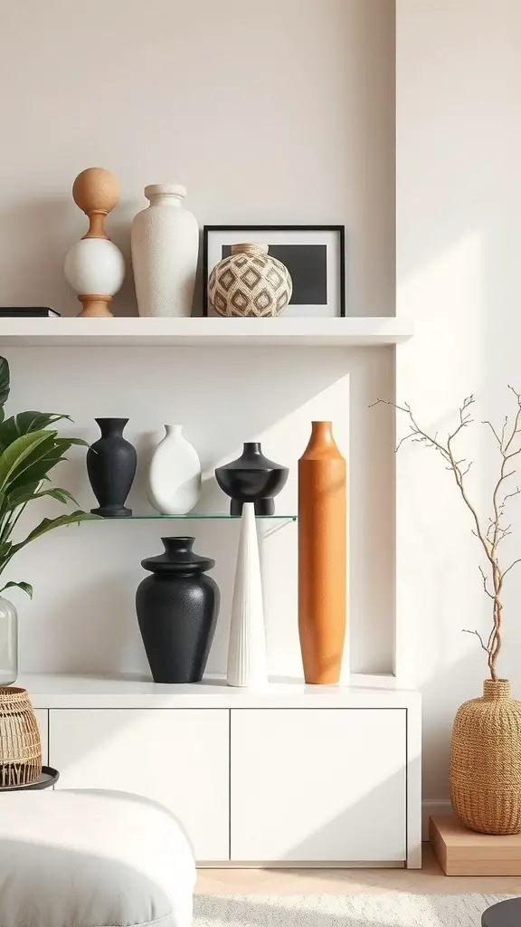 Stylish shelf decor featuring a variety of decorative vases and a framed picture.