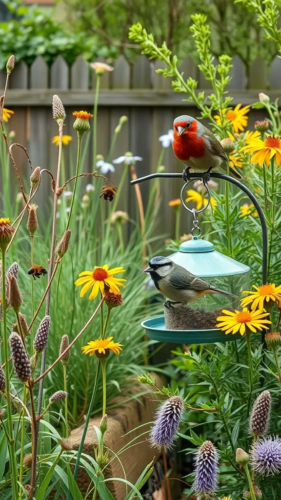 29+ Inspiring London Garden Ideas for Your Urban Oasis 16 A vibrant garden with yellow flowers, a red bird, and a blue bird feeder.
