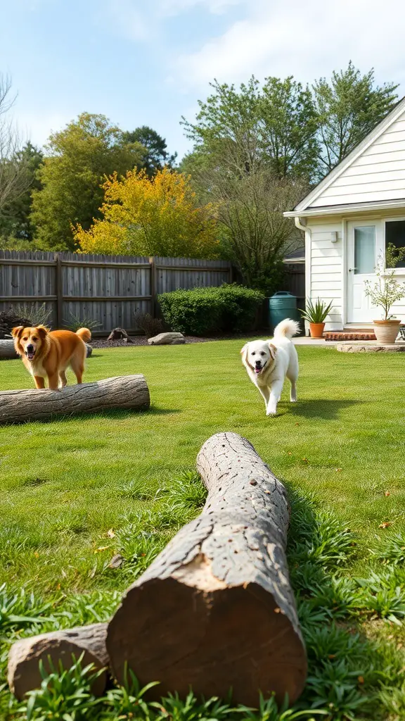 Two dogs playing in a backyard with logs on the grass