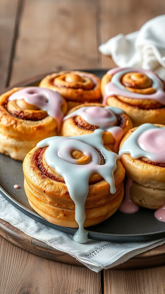 23+ Creative Fall Gender Reveal Ideas for Your Autumn Celebration 6 A plate of cinnamon rolls with pink and blue icing drizzled on top.
