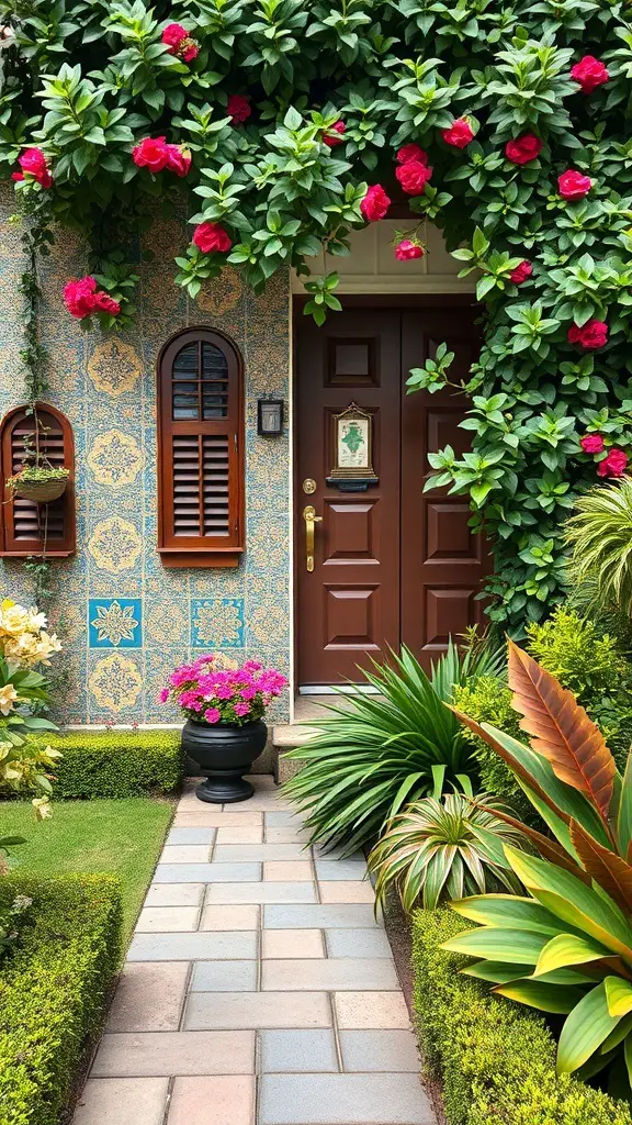 A front garden featuring artistic mosaic tiled walls with vibrant flowers and greenery.
