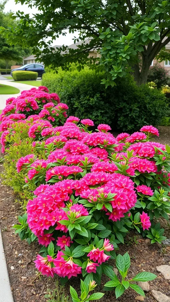 19+ Stunning Crepe Myrtle Landscaping Ideas to Transform Your Garden 2 A colorful border of bright pink flowers with lush green foliage.