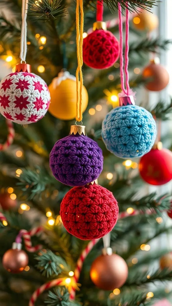 Colorful handmade crochet ornaments hanging on a Christmas tree.