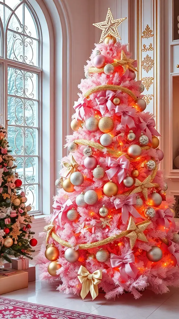 31+ Pink Christmas Tree Ideas to Brighten Your Holiday Décor 7 A beautifully decorated pink Christmas tree with gold ornaments and bows.