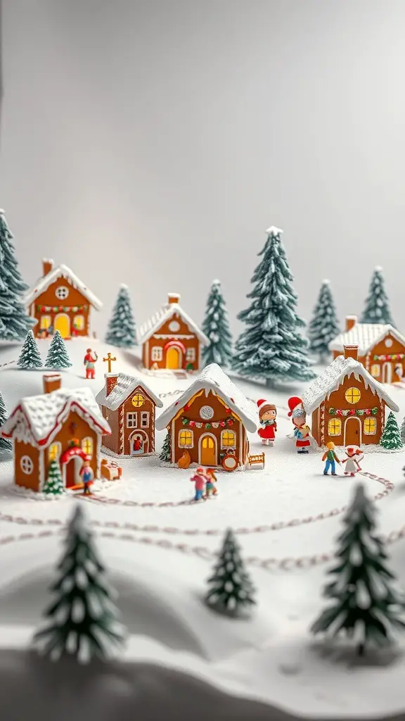 31+ Creative Gingerbread Christmas Decor Ideas You’ll Love 7 A charming gingerbread village display with colorful houses, snowy frosting, and festive characters.