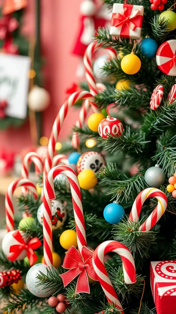 A Christmas tree decorated with colorful candy canes and ornaments.