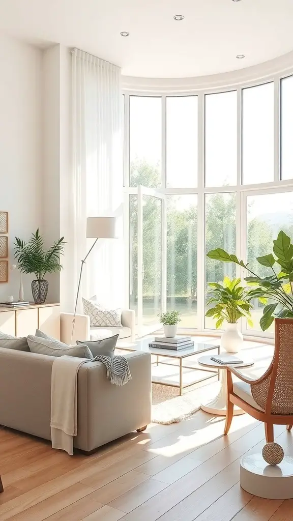 A bright and airy French country living room with large windows allowing natural light to stream in.