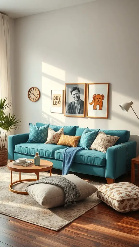 A cozy living room featuring a teal couch with colorful pillows, a wooden coffee table, and soft floor cushions.