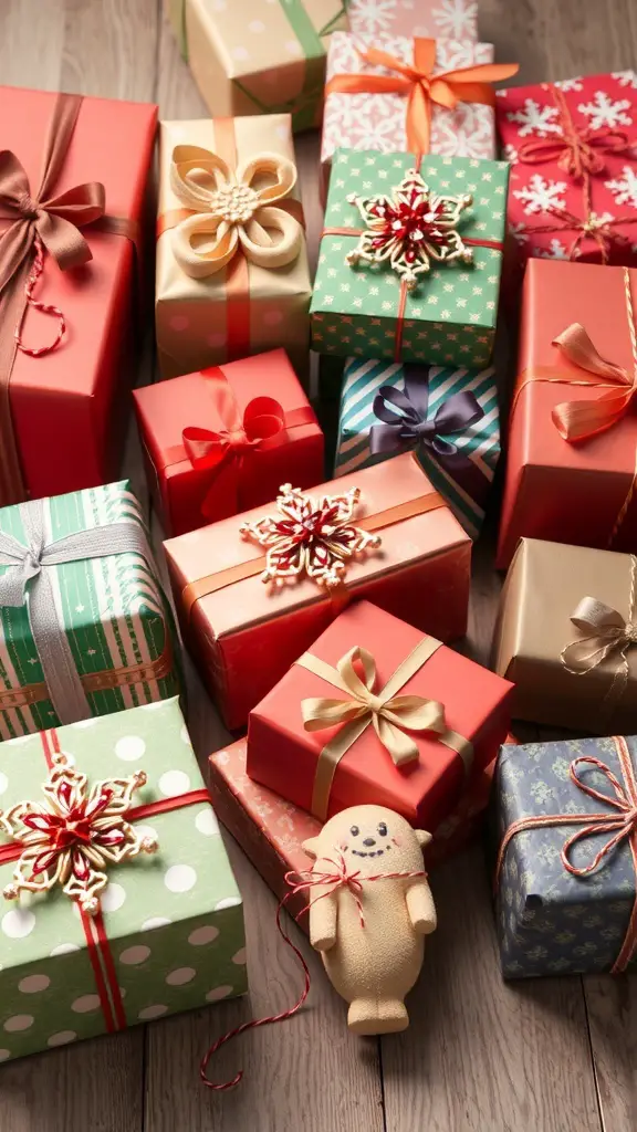33+ Festive Christmas Party Decor Ideas to Elevate Your Holiday Celebration 7 A collection of beautifully wrapped Christmas gifts in various colors and patterns.