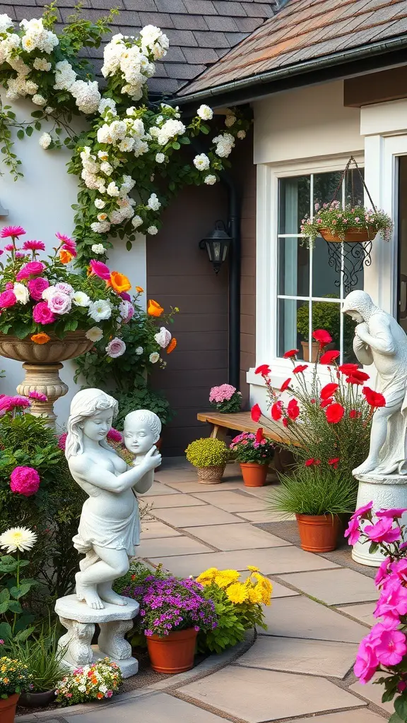 A decorative garden with statues and colorful flowers