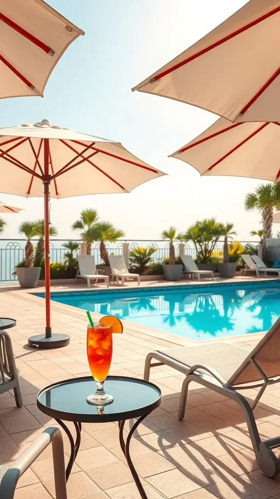 17 Stylish Patio Furniture Layout Ideas for Your Outdoor Space 8 A sunbathing area with lounge chairs, umbrellas, and a drink by the pool.