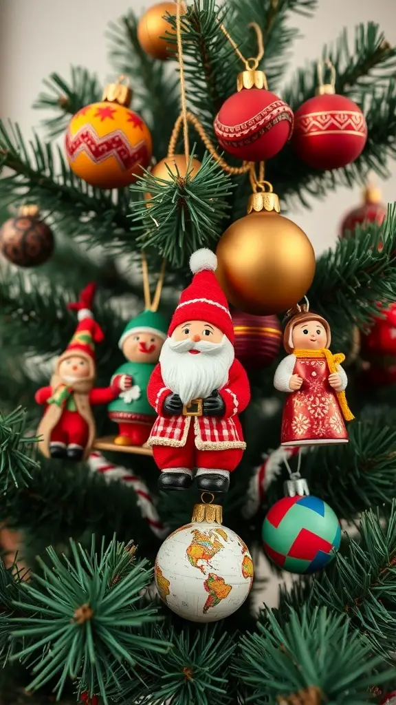 A Christmas tree adorned with various ornaments including Santa figurines, colorful baubles, and a globe ornament.