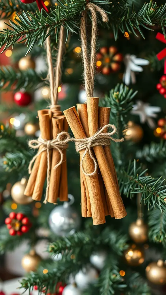 Cinnamon stick bundles hanging on a Christmas tree