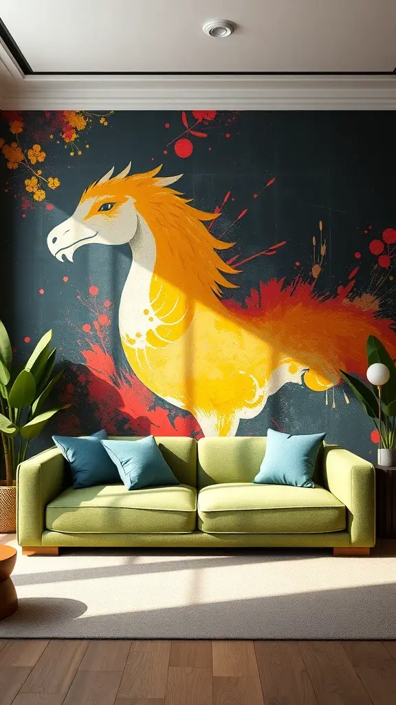 27+ Stunning Green Couch Living Room Ideas You’ll Love 12 A vibrant living room featuring a green couch and an artistic mural of a horse on the wall.