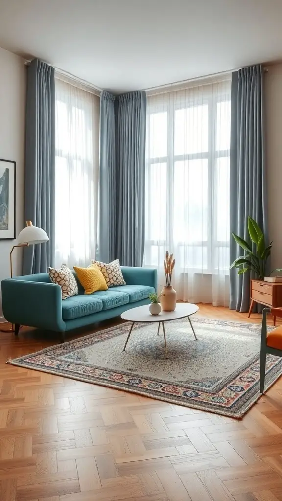A stylish living room featuring a teal couch with patterned pillows, a decorative rug, and soft blue curtains.