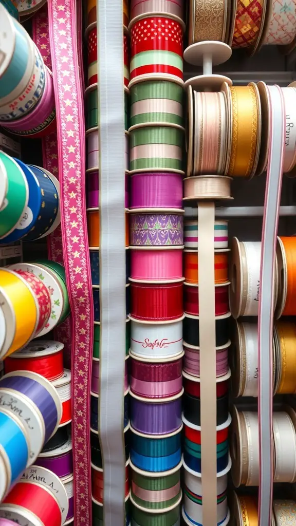 A colorful collection of ribbon spools organized neatly on a storage system.