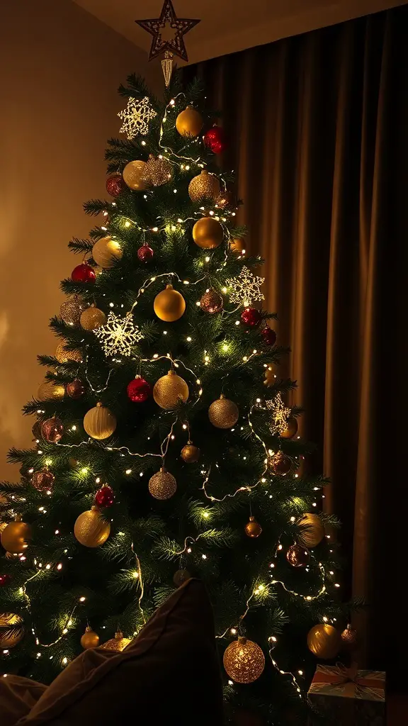 A beautifully decorated Christmas tree with luminous white lights and colorful ornaments.