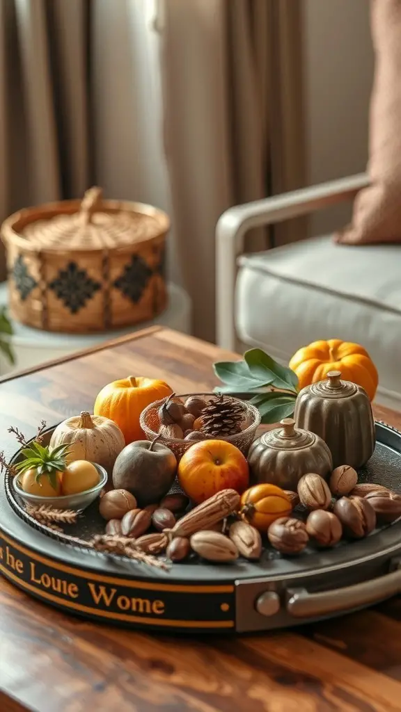 A warm-toned decorative tray filled with pumpkins, nuts, and pinecones on a coffee table.