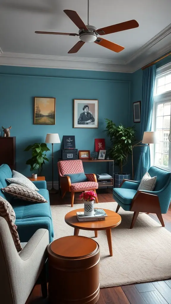 A vintage-inspired living room featuring a blue sofa, retro decor, and wooden furniture.