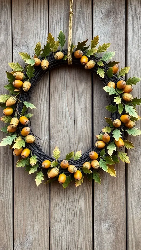 25+ Creative DIY Fall Wreath Ideas to Brighten Your Home 20 A fall wreath made of acorns and oak leaves hanging on a wooden wall.