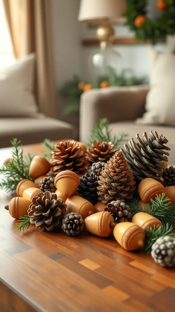 A cozy arrangement of acorns and pinecones on a wooden coffee table.