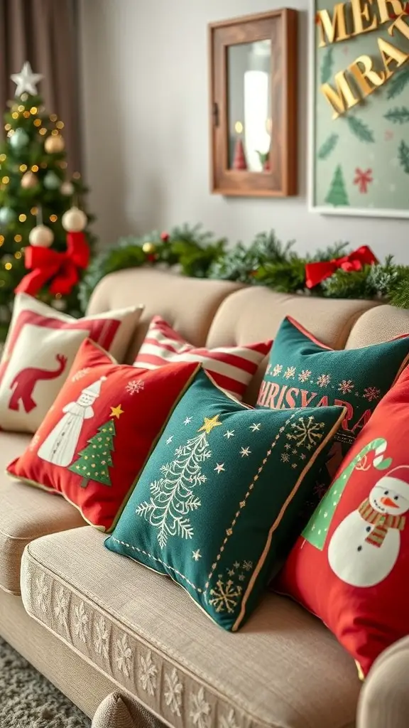 A cozy living room with festive throw pillows featuring Christmas designs on a beige couch.