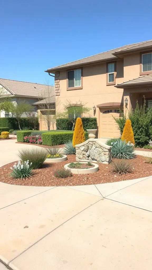 Low-maintenance landscaping around a circle driveway with various plants and a stone feature.