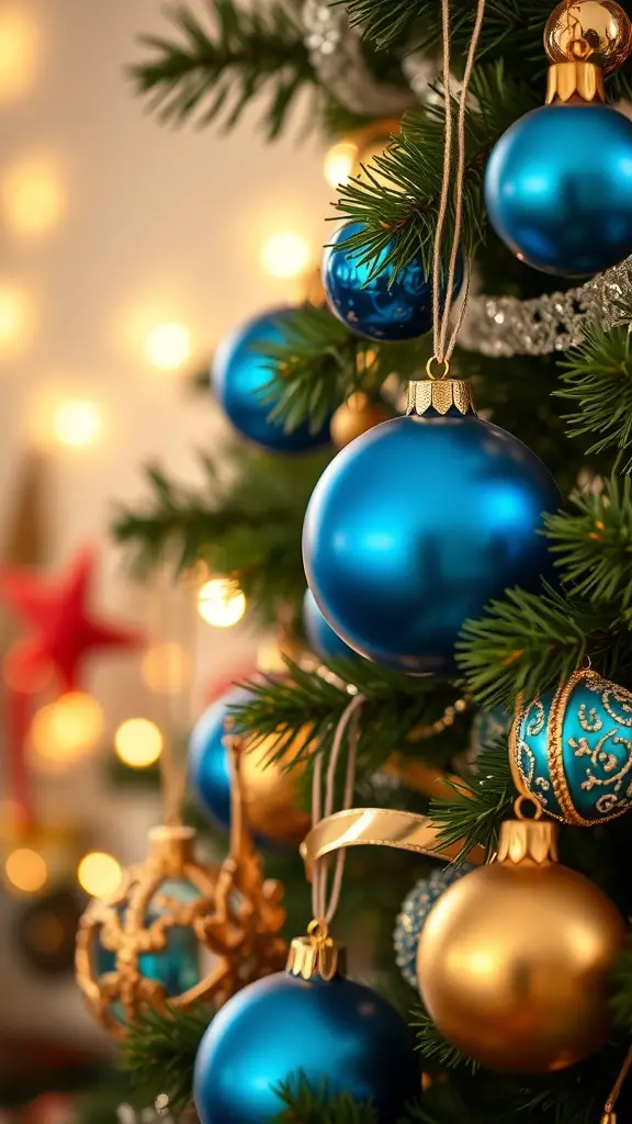 Close-up of blue and gold ornaments on a Christmas tree