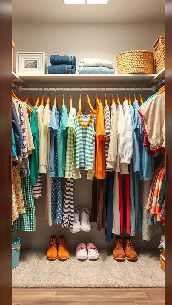 A neatly organized kids' closet with colorful shirts, shoes, and storage baskets.