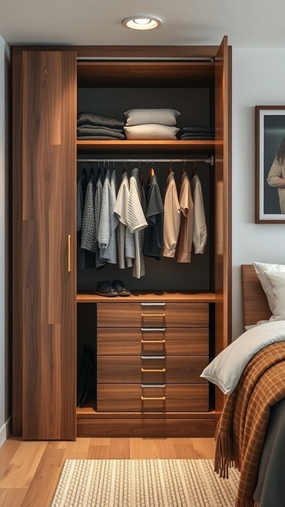 25+ Stylish Closet Ideas Featuring Dressers Inside 7 A modern wooden closet with hanging clothes and a dresser inside, designed for small spaces.