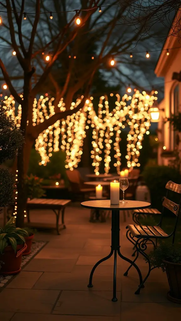 17 Stylish Patio Furniture Layout Ideas for Your Outdoor Space 14 A romantic patio setup with string lights, candles, and a small table for drinks.