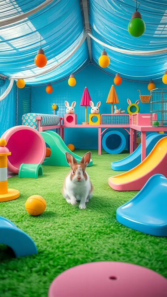 27+ Must-Have Features for the Ultimate Rabbit Playground 4 A colorful rabbit playground with slides, tunnels, and playful decorations.